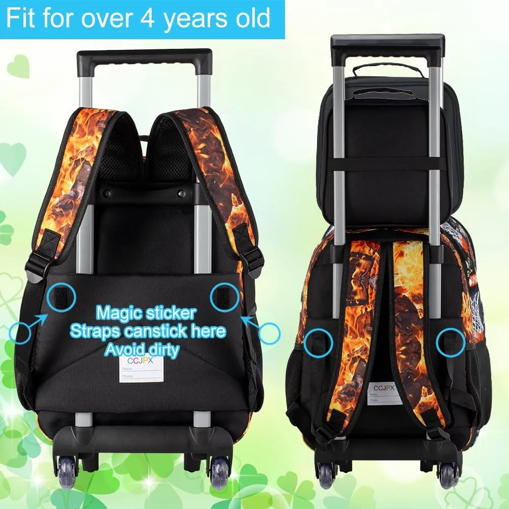 3Pcs Dragon Rolling Backpack for Boys, Kids School Backpacks with Wheels, Roller Bookbag with Lunch Box for Elementary Preschool(Orange)