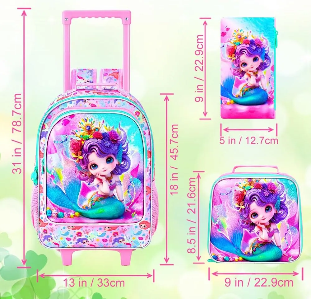 3Pcs Mermaid Rolling Backpack for Girls, Kids School Backpacks with Wheels, Roller Bookbag with Lunch Box for Elementary Preschool(Pink)