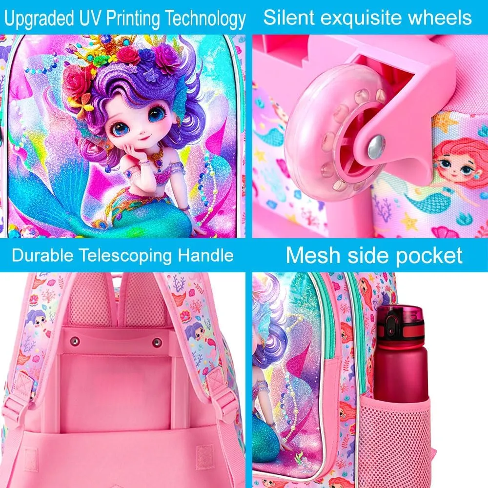 3Pcs Mermaid Rolling Backpack for Girls, Kids School Backpacks with Wheels, Roller Bookbag with Lunch Box for Elementary Preschool(Pink)