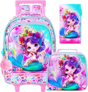 3Pcs Mermaid Rolling Backpack for Girls, Kids School Backpacks with Wheels, Roller Bookbag with Lunch Box for Elementary Preschool(Pink)
