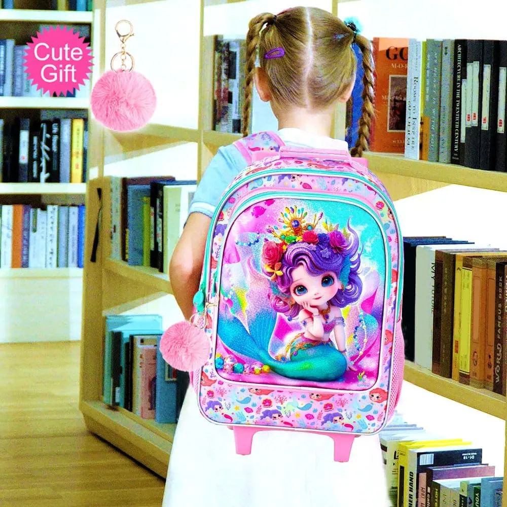 3Pcs Mermaid Rolling Backpack for Girls, Kids School Backpacks with Wheels, Roller Bookbag with Lunch Box for Elementary Preschool(Pink)