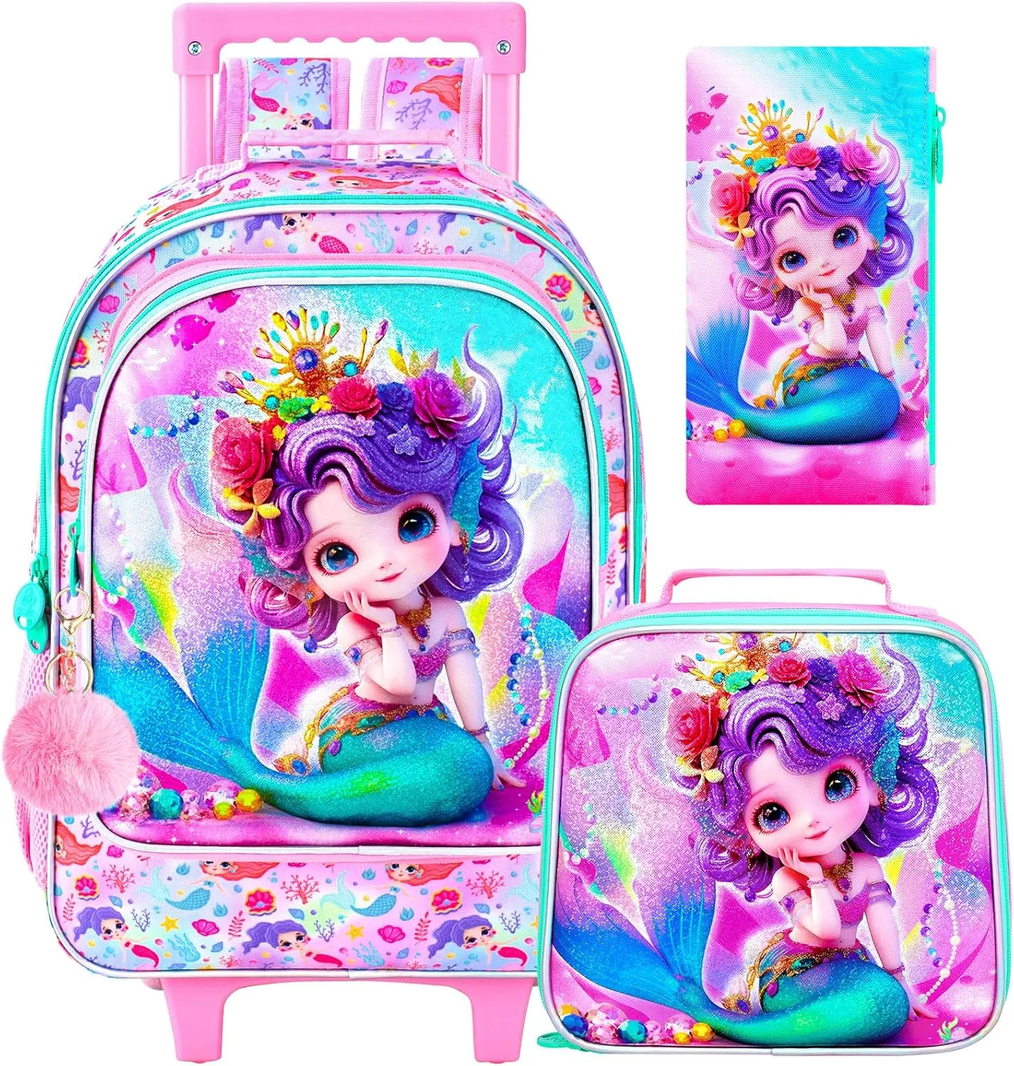 3Pcs Mermaid Rolling Backpack for Girls, Kids School Backpacks with Wheels, Roller Bookbag with Lunch Box for Elementary Preschool(Pink)