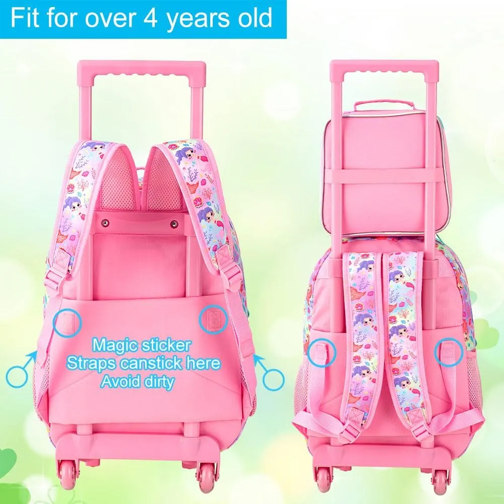 3Pcs Mermaid Rolling Backpack for Girls, Kids School Backpacks with Wheels, Roller Bookbag with Lunch Box for Elementary Preschool(Pink)