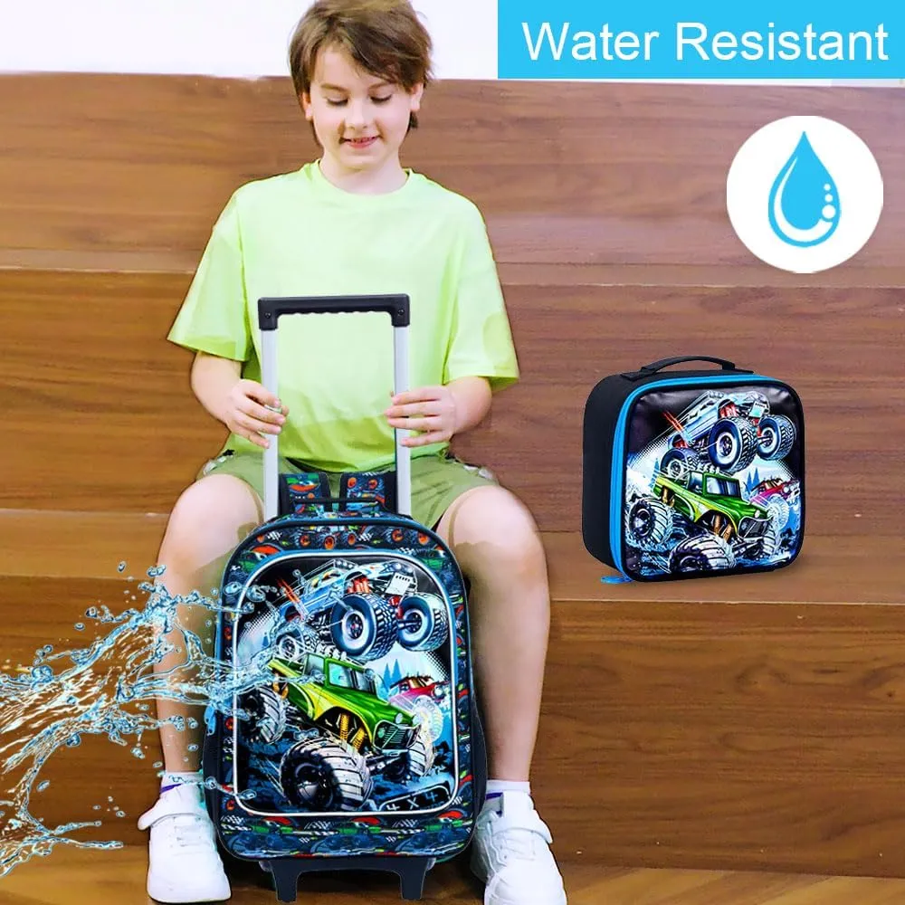 3PCS Rolling Backpack for Boys, Kids Roller School Bookbag Set, Water Resistant Wheeled Backpacks for Teens Boys Elementary Trave