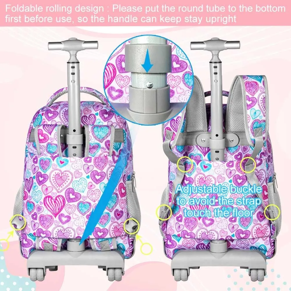 3pcs Rolling Backpack for Girls, 19 Inche Adult Bag with Roller Wheels, Wheeled Bookbag Set for Women - PinkGrey