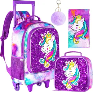 3PCS Rolling Backpack for Girls Boys, Kids Roller Wheeled Bookbag with Lunch Box, Backpacks with Wheels for Elementary