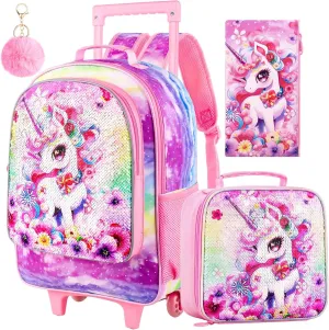 3PCS Rolling Backpack for Girls Boys, Kids Roller Wheeled Bookbag with Lunch Box, Backpacks with Wheels for Elementary