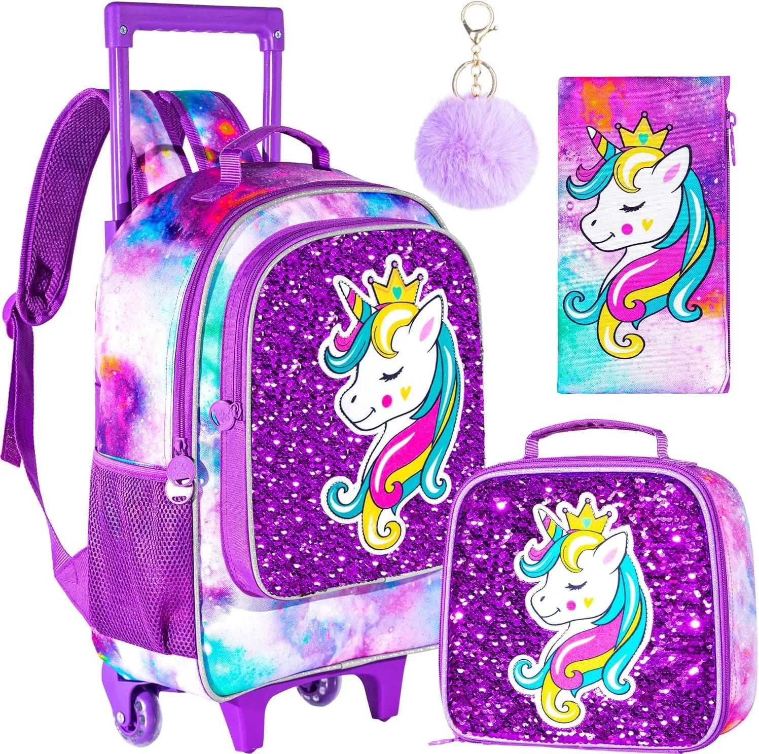 3PCS Rolling Backpack for Girls Boys, Kids Roller Wheeled Bookbag with Lunch Box, Backpacks with Wheels for Elementary