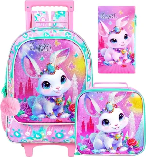 3Pcs Rolling Backpack for Girls, Bunny Roller Bookbag with Lunch Box, Kids School Backpacks with Wheels for Elementary Preschool(White)