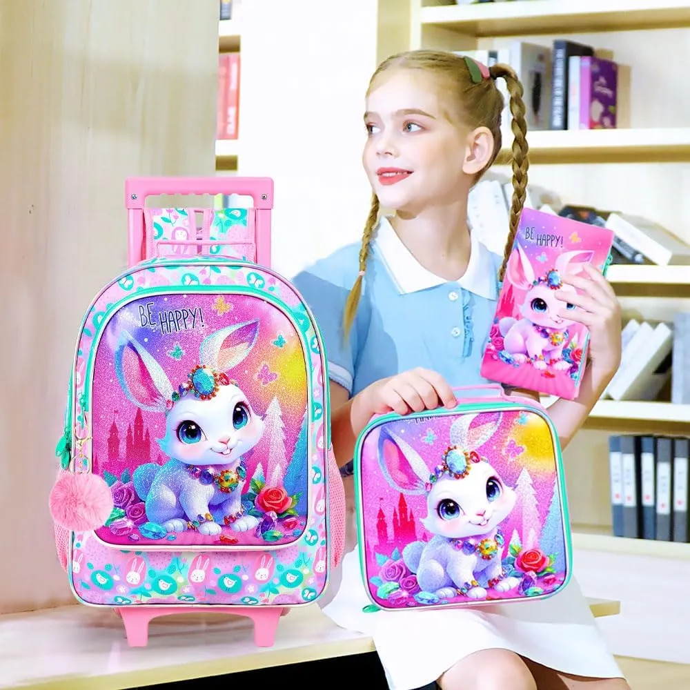 3Pcs Rolling Backpack for Girls, Bunny Roller Bookbag with Lunch Box, Kids School Backpacks with Wheels for Elementary Preschool(White)