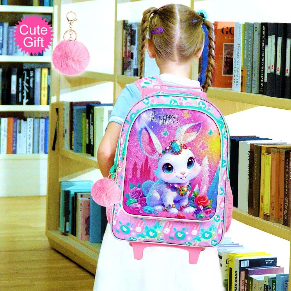 3Pcs Rolling Backpack for Girls, Bunny Roller Bookbag with Lunch Box, Kids School Backpacks with Wheels for Elementary Preschool(White)
