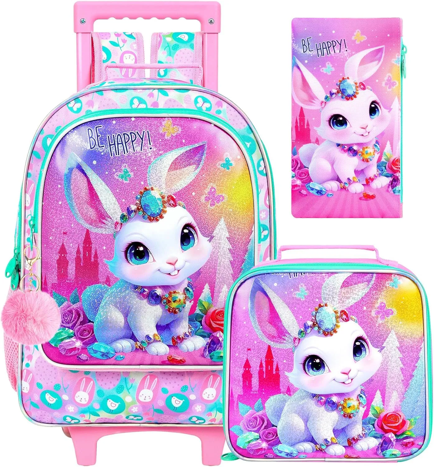 3Pcs Rolling Backpack for Girls, Bunny Roller Bookbag with Lunch Box, Kids School Backpacks with Wheels for Elementary Preschool(White)