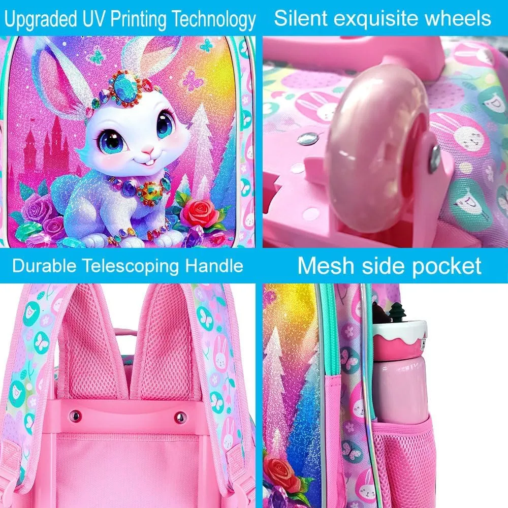 3Pcs Rolling Backpack for Girls, Bunny Roller Bookbag with Lunch Box, Kids School Backpacks with Wheels for Elementary Preschool(White)