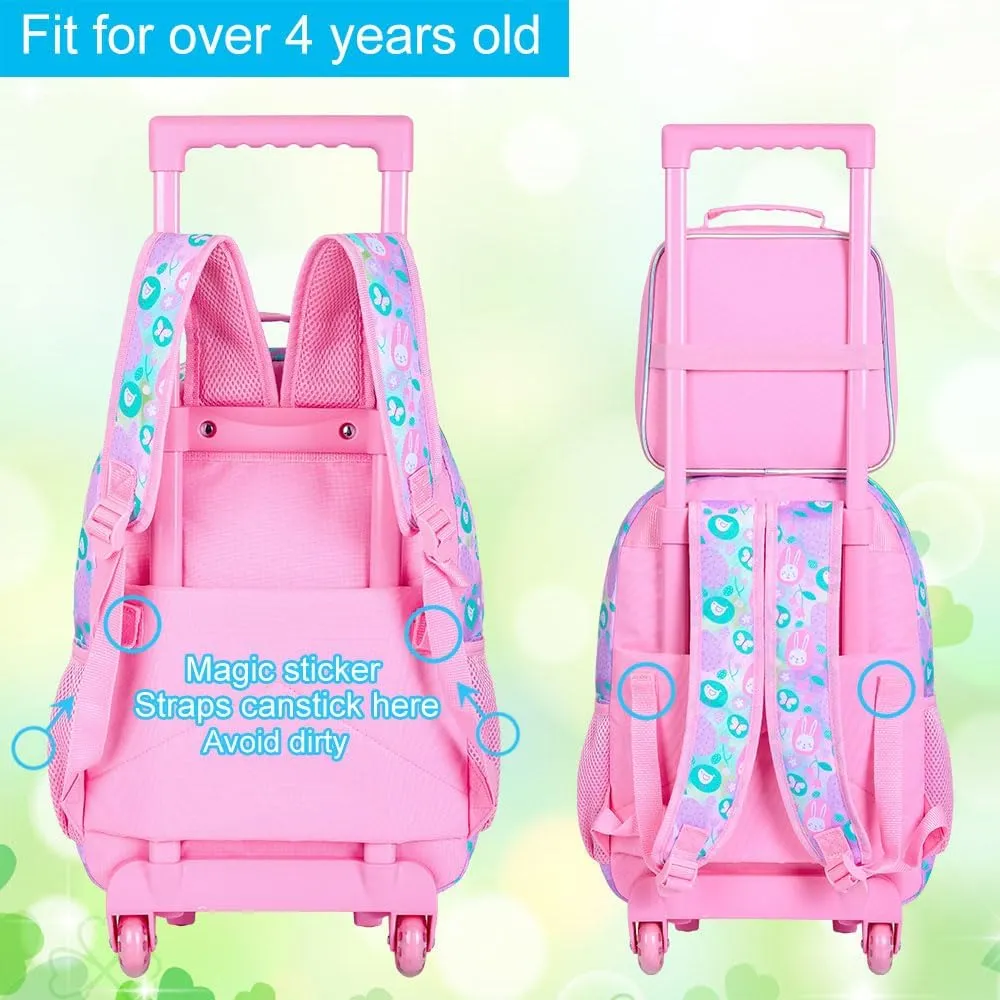 3Pcs Rolling Backpack for Girls, Bunny Roller Bookbag with Lunch Box, Kids School Backpacks with Wheels for Elementary Preschool(White)