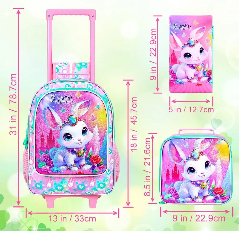 3Pcs Rolling Backpack for Girls, Bunny Roller Bookbag with Lunch Box, Kids School Backpacks with Wheels for Elementary Preschool(White)
