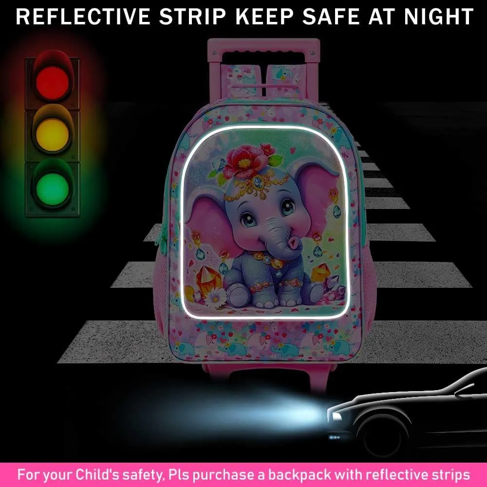 3Pcs Rolling Backpack for Girls, Elephant Roller Bookbag with Lunch Box, Kids School Backpacks with Wheels for Elementary Preschool(Pink)