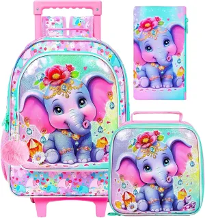 3Pcs Rolling Backpack for Girls, Elephant Roller Bookbag with Lunch Box, Kids School Backpacks with Wheels for Elementary Preschool(Pink)