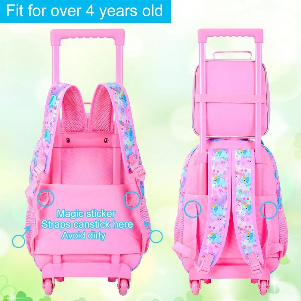 3Pcs Rolling Backpack for Girls, Elephant Roller Bookbag with Lunch Box, Kids School Backpacks with Wheels for Elementary Preschool(Pink)