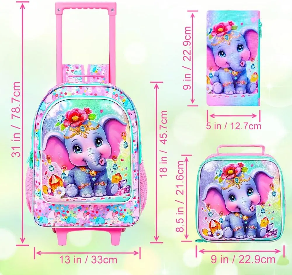 3Pcs Rolling Backpack for Girls, Elephant Roller Bookbag with Lunch Box, Kids School Backpacks with Wheels for Elementary Preschool(Pink)