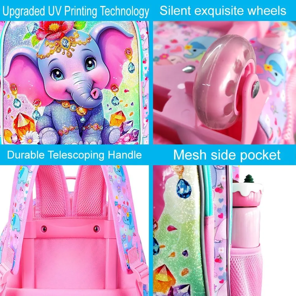 3Pcs Rolling Backpack for Girls, Elephant Roller Bookbag with Lunch Box, Kids School Backpacks with Wheels for Elementary Preschool(Pink)