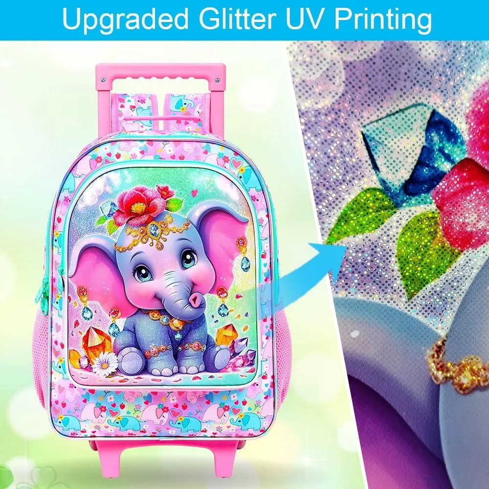 3Pcs Rolling Backpack for Girls, Elephant Roller Bookbag with Lunch Box, Kids School Backpacks with Wheels for Elementary Preschool(Pink)