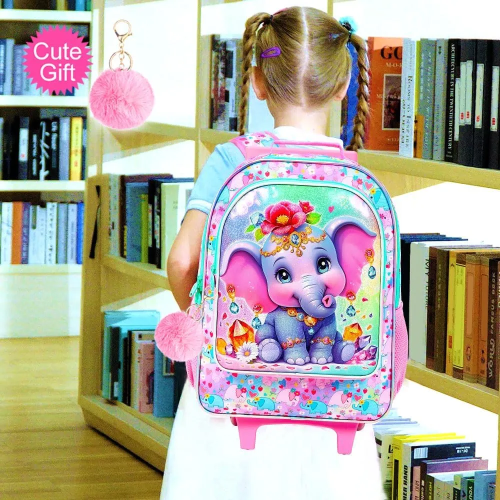 3Pcs Rolling Backpack for Girls, Elephant Roller Bookbag with Lunch Box, Kids School Backpacks with Wheels for Elementary Preschool(Pink)