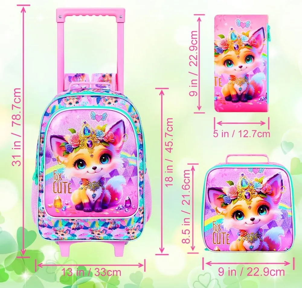 3Pcs Rolling Backpack for Girls, Fox Roller Bookbag with Lunch Box, Kids School Backpacks with Wheels for Elementary Preschool(Yellow)