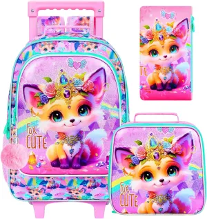 3Pcs Rolling Backpack for Girls, Fox Roller Bookbag with Lunch Box, Kids School Backpacks with Wheels for Elementary Preschool(Yellow)