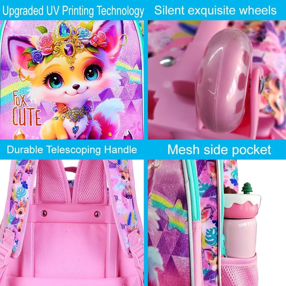 3Pcs Rolling Backpack for Girls, Fox Roller Bookbag with Lunch Box, Kids School Backpacks with Wheels for Elementary Preschool(Yellow)