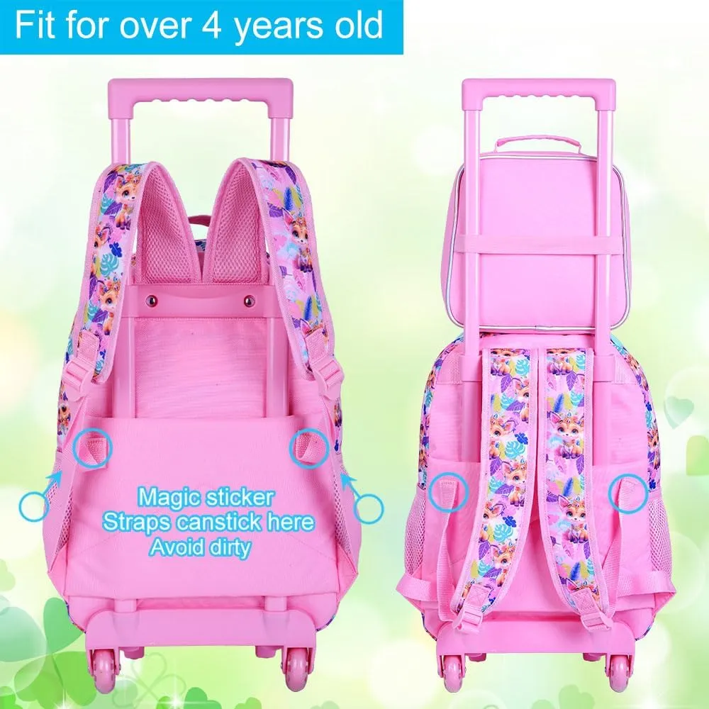 3Pcs Rolling Backpack for Girls, Fox Roller Bookbag with Lunch Box, Kids School Backpacks with Wheels for Elementary Preschool(Yellow)