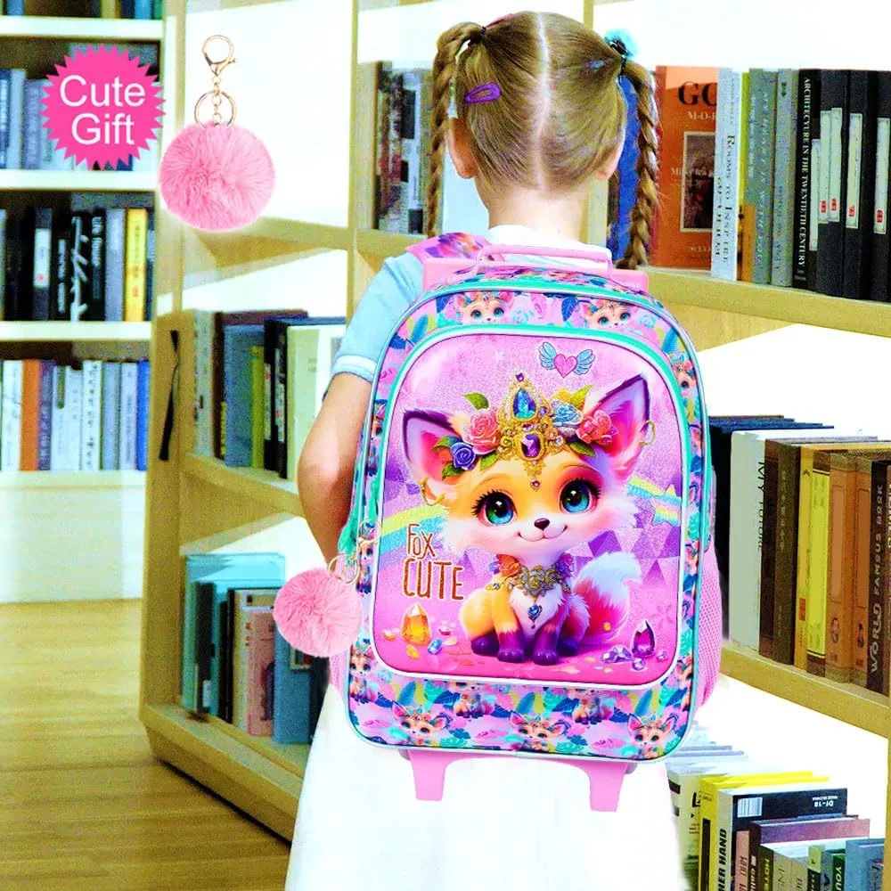 3Pcs Rolling Backpack for Girls, Fox Roller Bookbag with Lunch Box, Kids School Backpacks with Wheels for Elementary Preschool(Yellow)