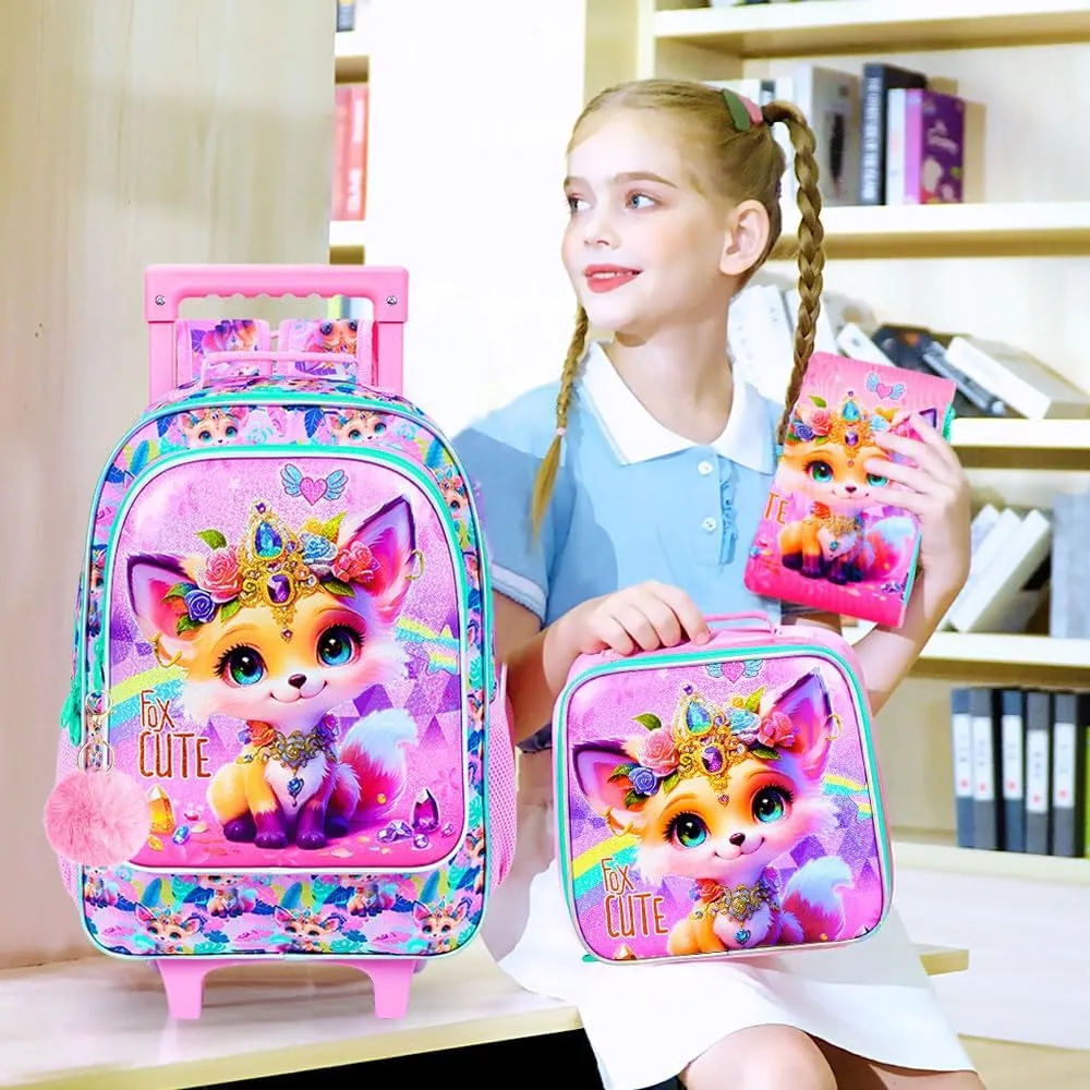 3Pcs Rolling Backpack for Girls, Fox Roller Bookbag with Lunch Box, Kids School Backpacks with Wheels for Elementary Preschool(Yellow)