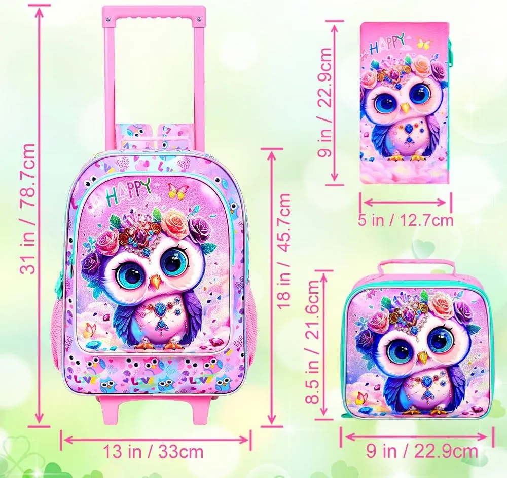3Pcs Rolling Backpack for Girls, Owl Kids School Backpacks with Wheels, Roller Bookbag with Lunch Box for Elementary Preschool(Pink)