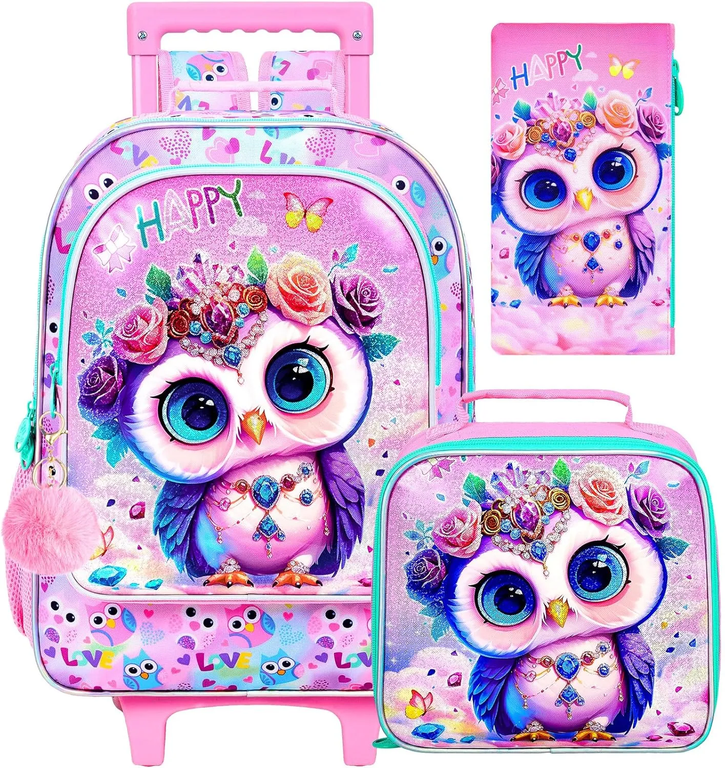 3Pcs Rolling Backpack for Girls, Owl Kids School Backpacks with Wheels, Roller Bookbag with Lunch Box for Elementary Preschool(Pink)