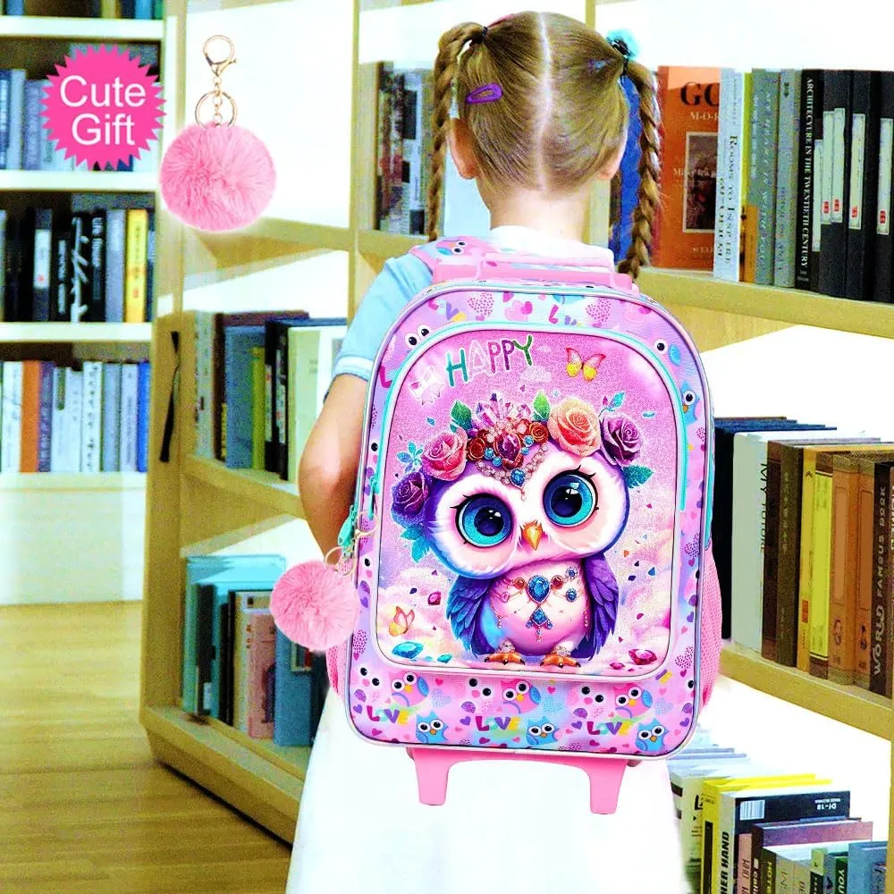 3Pcs Rolling Backpack for Girls, Owl Kids School Backpacks with Wheels, Roller Bookbag with Lunch Box for Elementary Preschool(Pink)