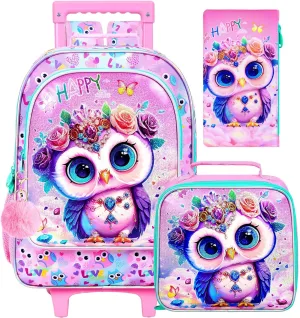 3Pcs Rolling Backpack for Girls, Owl Kids School Backpacks with Wheels, Roller Bookbag with Lunch Box for Elementary Preschool(Pink)
