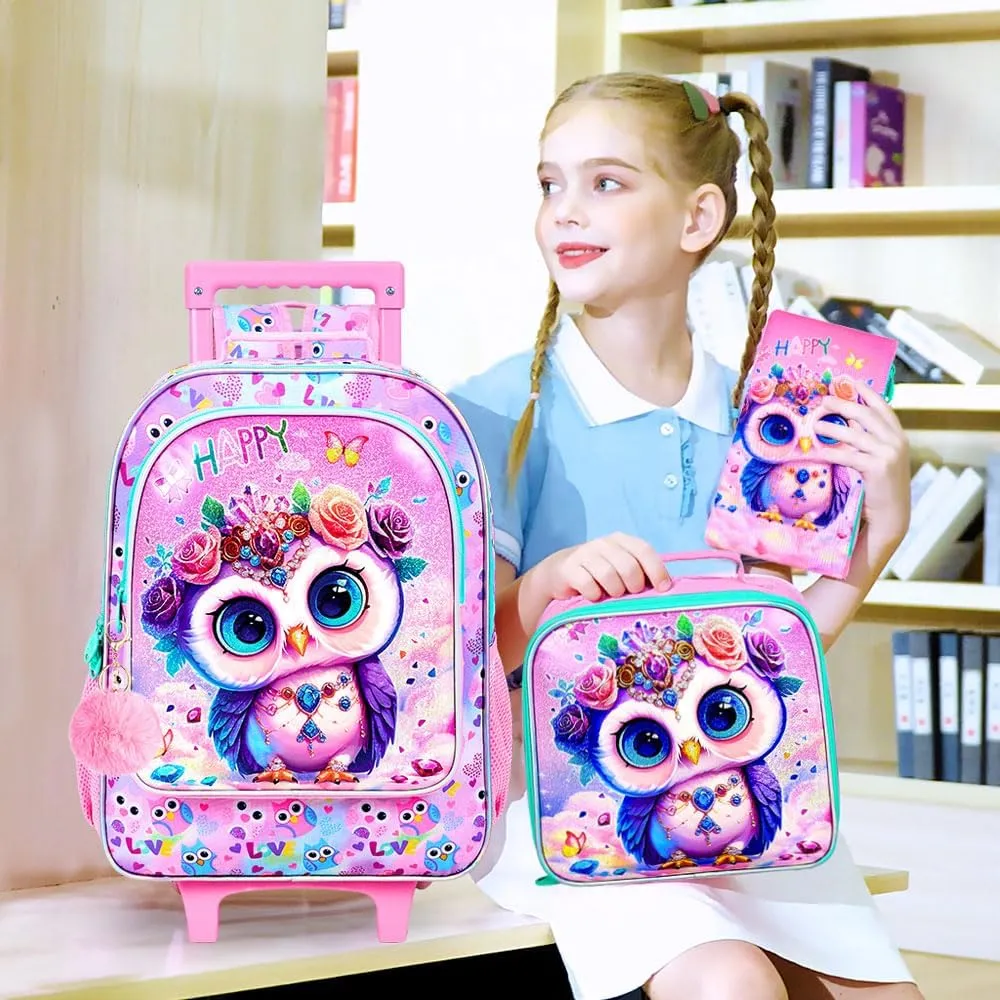 3Pcs Rolling Backpack for Girls, Owl Kids School Backpacks with Wheels, Roller Bookbag with Lunch Box for Elementary Preschool(Pink)