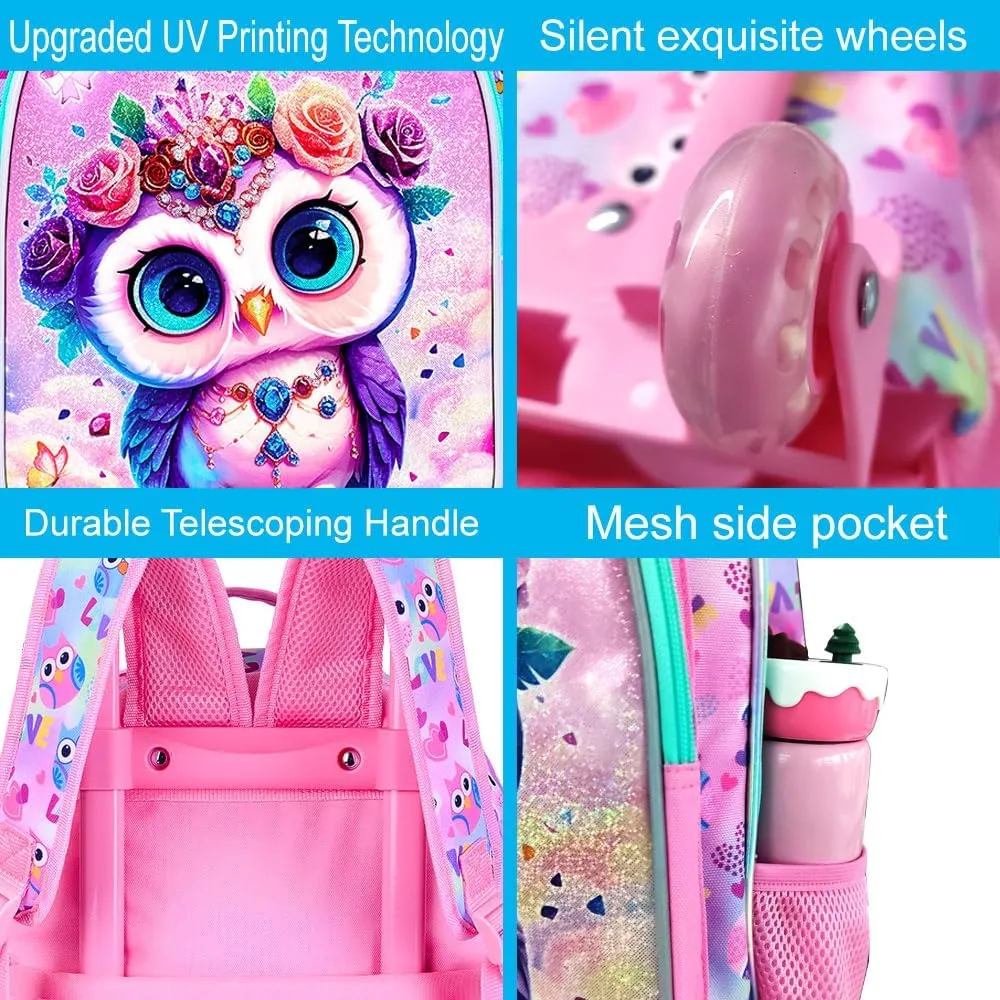 3Pcs Rolling Backpack for Girls, Owl Kids School Backpacks with Wheels, Roller Bookbag with Lunch Box for Elementary Preschool(Pink)