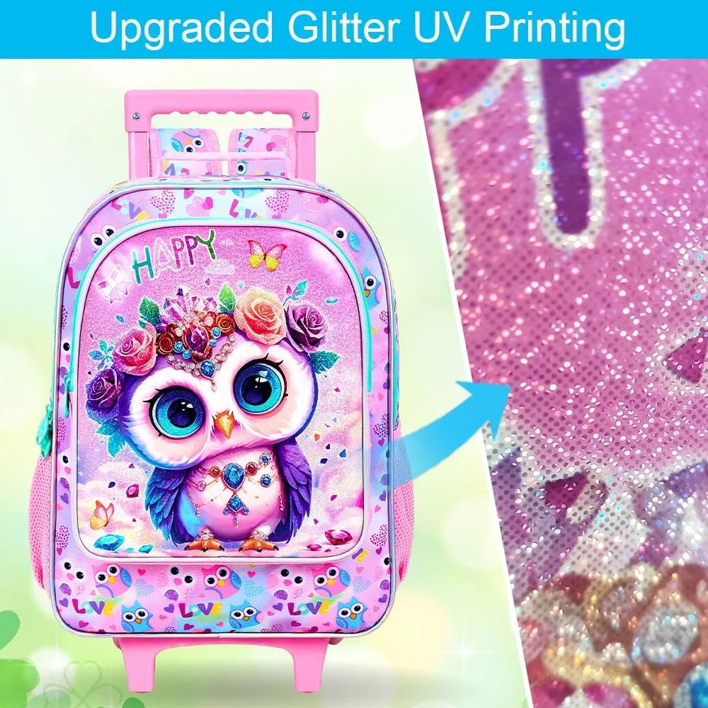 3Pcs Rolling Backpack for Girls, Owl Kids School Backpacks with Wheels, Roller Bookbag with Lunch Box for Elementary Preschool(Pink)
