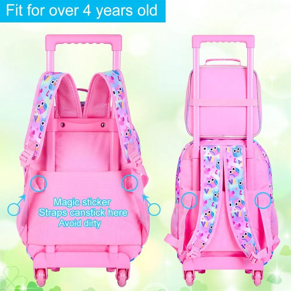3Pcs Rolling Backpack for Girls, Owl Kids School Backpacks with Wheels, Roller Bookbag with Lunch Box for Elementary Preschool(Pink)