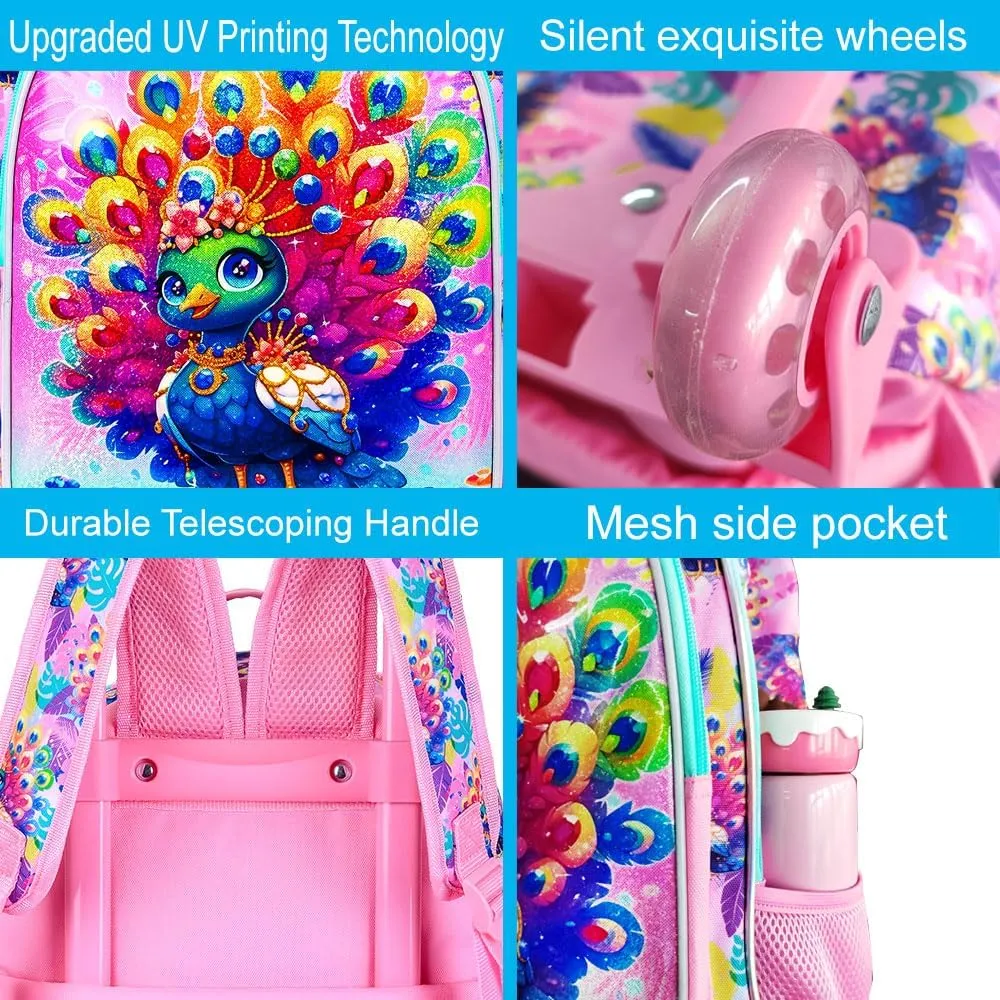 3Pcs Rolling Backpack for Girls, Peacock Roller Bookbag with Lunch Box, Kids School Backpacks with Wheels for Elementary Preschool(Pink)