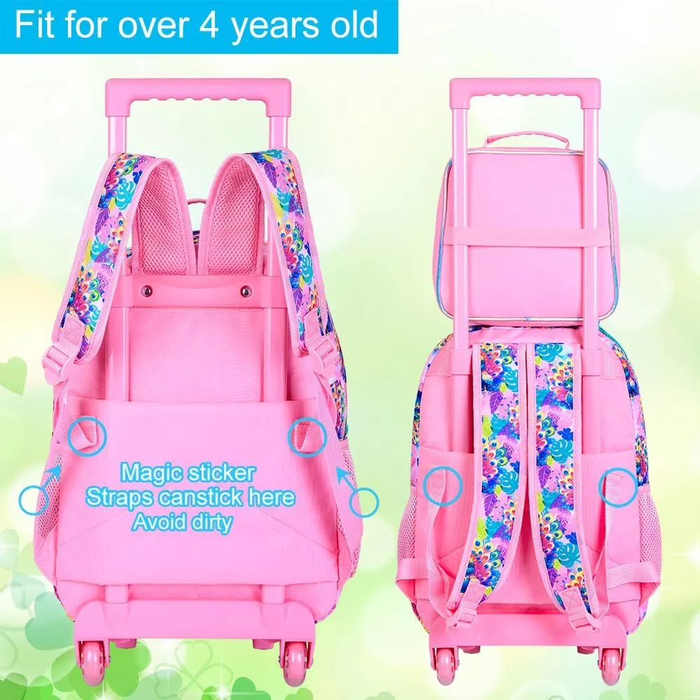 3Pcs Rolling Backpack for Girls, Peacock Roller Bookbag with Lunch Box, Kids School Backpacks with Wheels for Elementary Preschool(Pink)