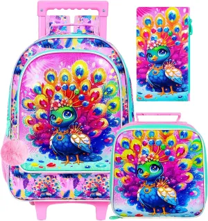 3Pcs Rolling Backpack for Girls, Peacock Roller Bookbag with Lunch Box, Kids School Backpacks with Wheels for Elementary Preschool(Pink)