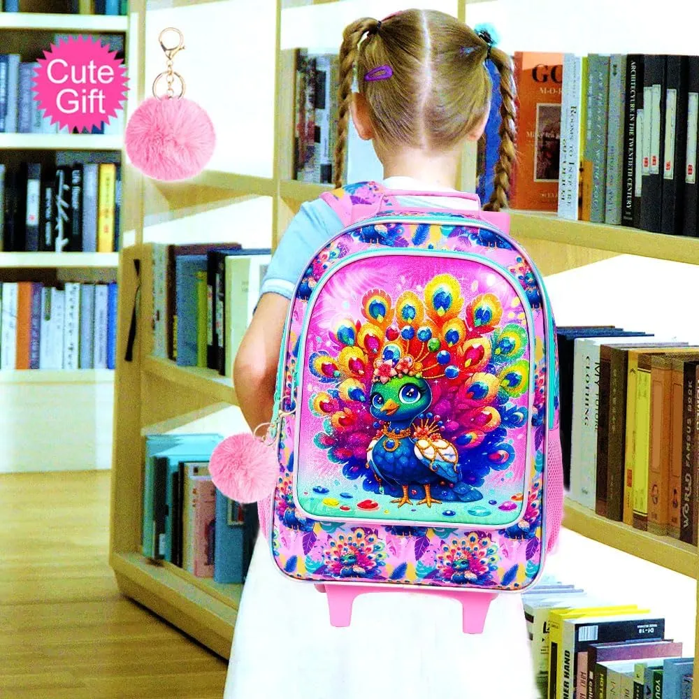 3Pcs Rolling Backpack for Girls, Peacock Roller Bookbag with Lunch Box, Kids School Backpacks with Wheels for Elementary Preschool(Pink)