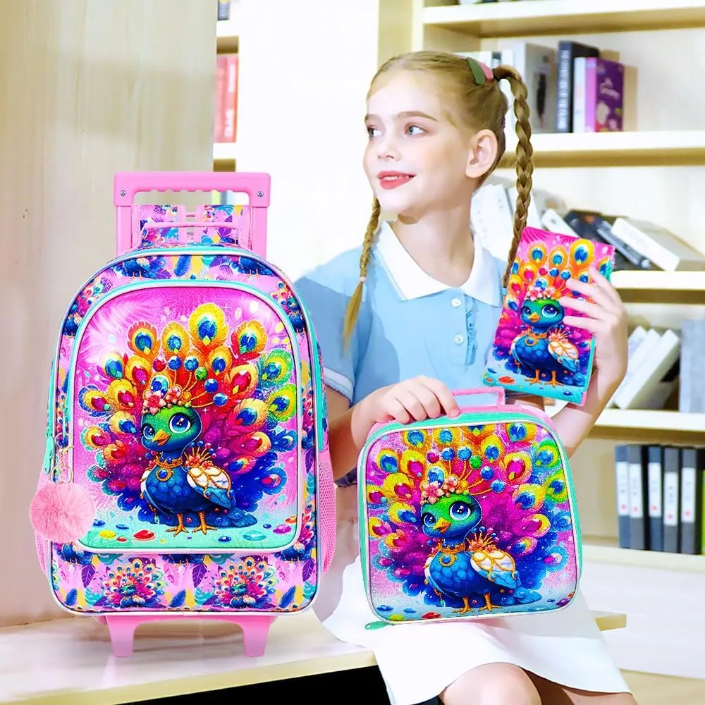 3Pcs Rolling Backpack for Girls, Peacock Roller Bookbag with Lunch Box, Kids School Backpacks with Wheels for Elementary Preschool(Pink)