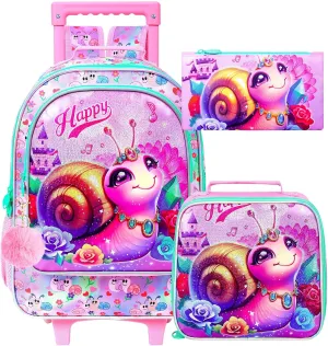 3Pcs Rolling Backpack for Girls, Snail Roller Bookbag with Lunch Box, Kids School Backpacks with Wheels for Elementary Preschool(Pink)