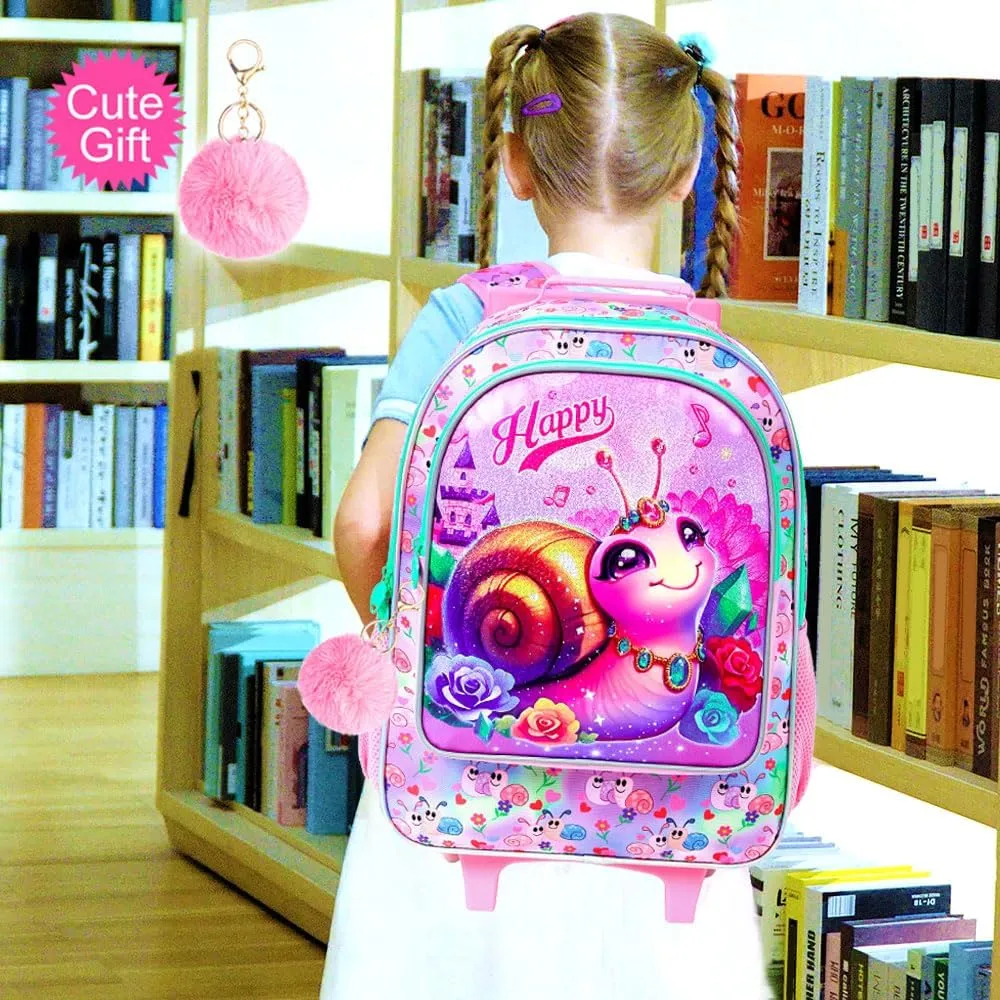3Pcs Rolling Backpack for Girls, Snail Roller Bookbag with Lunch Box, Kids School Backpacks with Wheels for Elementary Preschool(Pink)