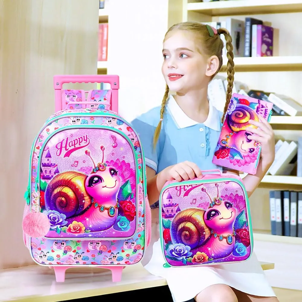 3Pcs Rolling Backpack for Girls, Snail Roller Bookbag with Lunch Box, Kids School Backpacks with Wheels for Elementary Preschool(Pink)
