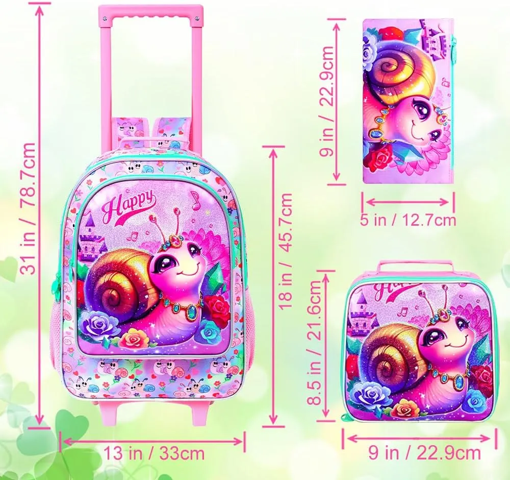 3Pcs Rolling Backpack for Girls, Snail Roller Bookbag with Lunch Box, Kids School Backpacks with Wheels for Elementary Preschool(Pink)