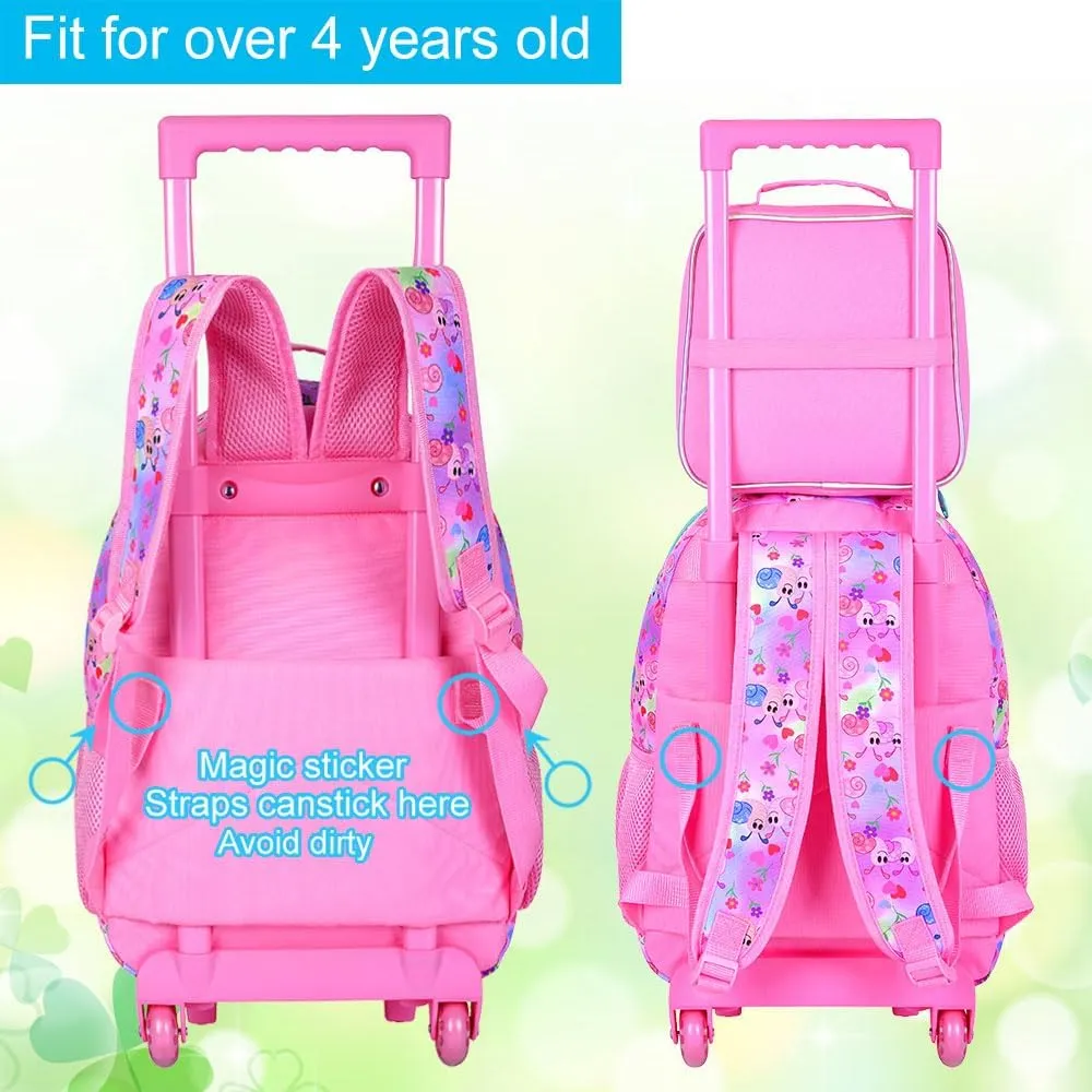 3Pcs Rolling Backpack for Girls, Snail Roller Bookbag with Lunch Box, Kids School Backpacks with Wheels for Elementary Preschool(Pink)